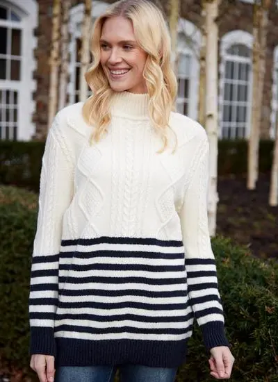 Erin Wool Cashmere Aran Stripe Turtle Neck Sweater